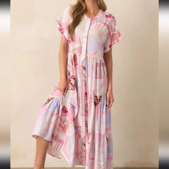 Dresses & Skirts - Prosperina Pink Printed Tiered Midi Dress Size Small